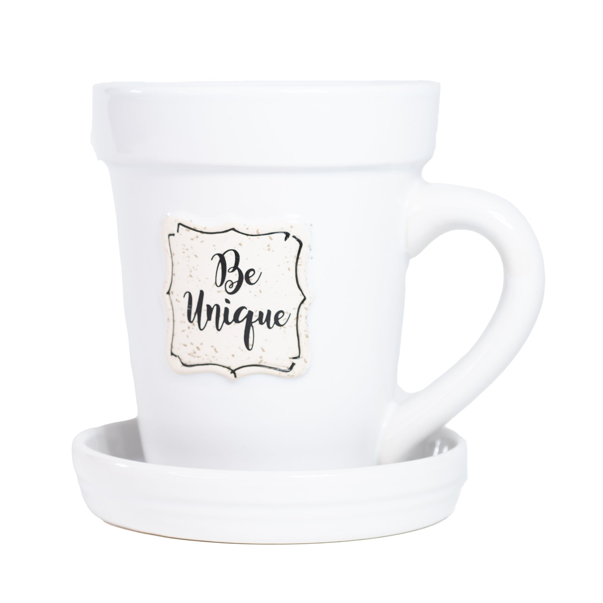 White Flower Pot Mug - “Be Unique”